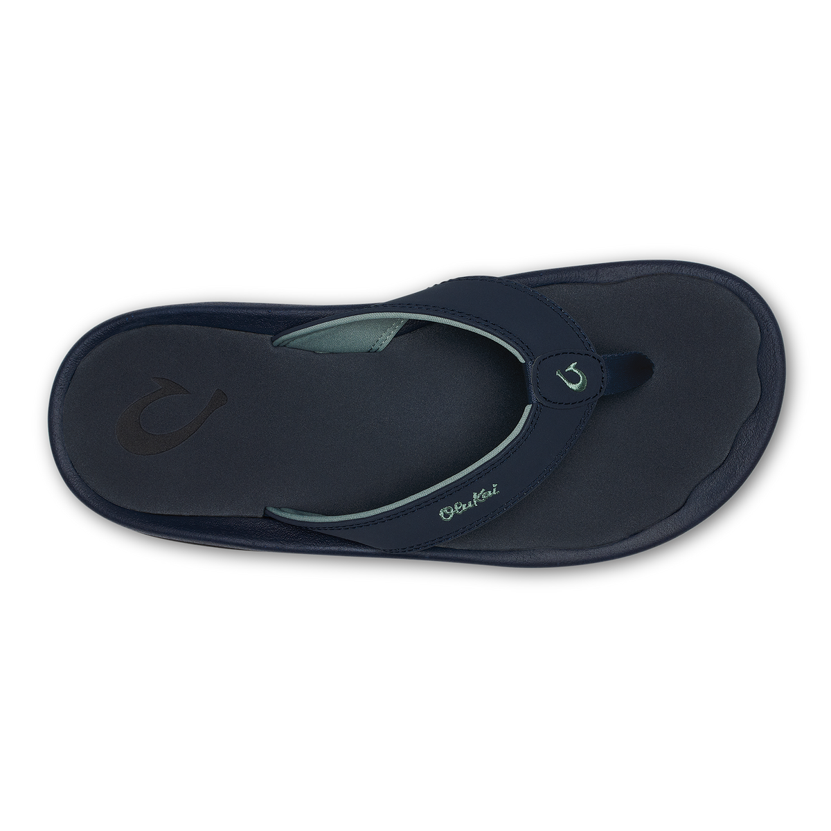 Navy blue thong sandal with padded footbed and toe post, viewed from above.
