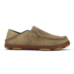 Tan suede slip-on loafer with brown leather trim and tan rubber sole.