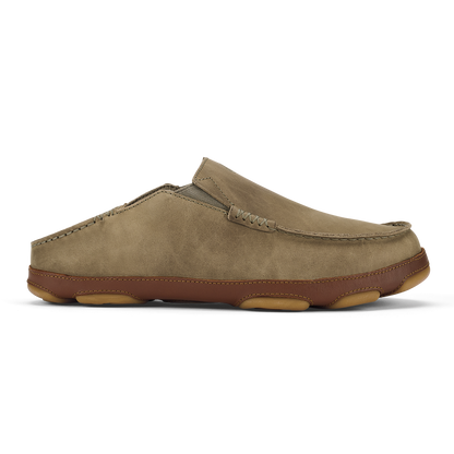 Tan suede mule with brown leather trim and tan rubber sole, shown in side profile.