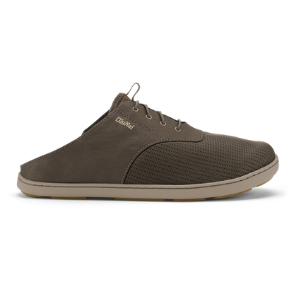 Olive canvas slip-on mule with perforated toe box, lace-up collar, and tan rubber sole.
