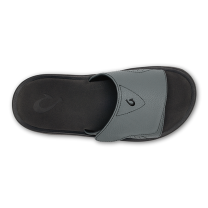 Nalu Slide in gray and black with curved logo detail on upper strap, viewed from above.