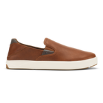 Brown leather slip-on sneaker with cream-colored sole and dark heel tab.
