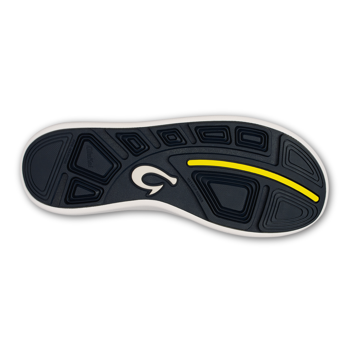 White and dark blue shoe sole with yellow stripe and brand logo.
