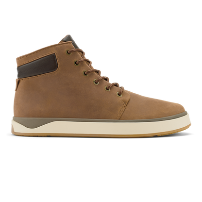 Toffee and brown leather lace-up boot with cream midsole and dark collar accent.