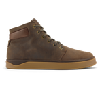Dark brown leather high-top boot with toffee-colored sole and brass eyelets, shown from the side.