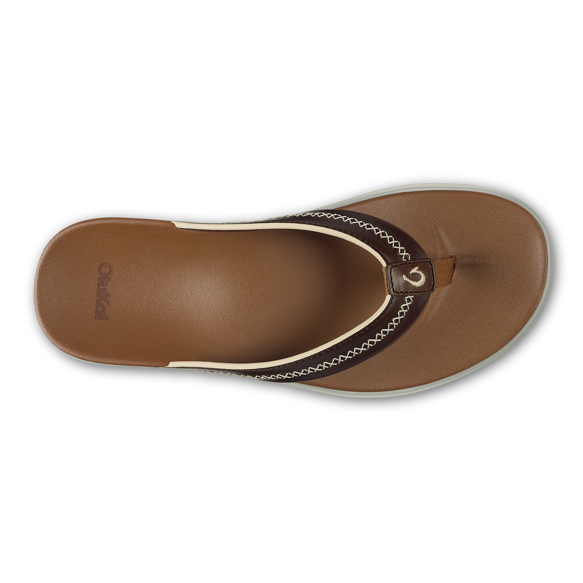 Toffee-colored thong sandal with cream trim and stitched detail, shown from above.