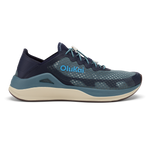 OluKai ʻAhi running shoe in storm and trench blue with cream midsole and teal accents.