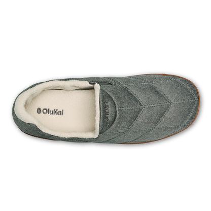 Gray quilted slipper with cream fleece lining and brown sole, top view.