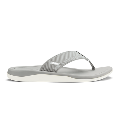 Gray and white thong-style sandal with ribbed upper strap and curved foam sole.