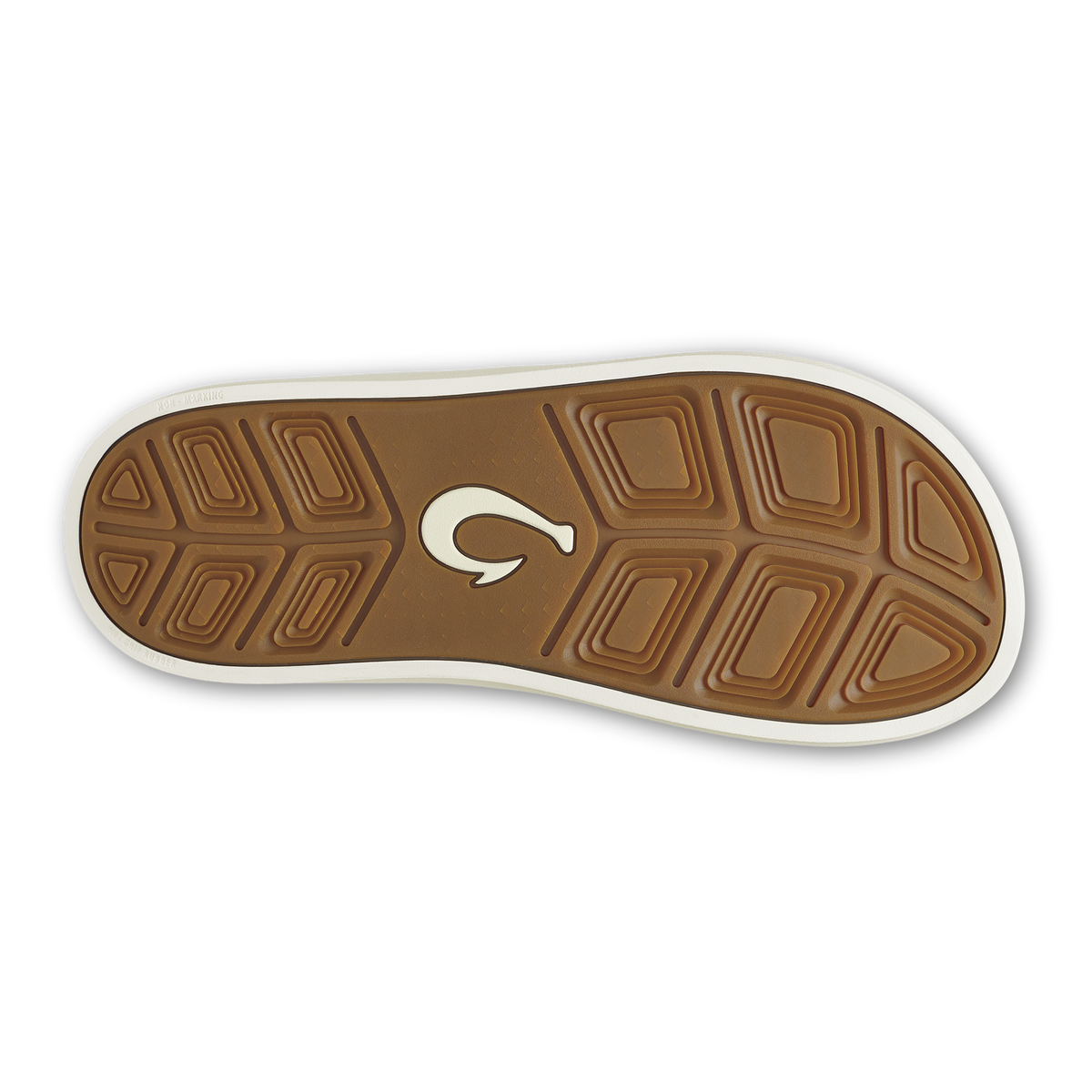 Shoe sole with brown tread pattern and white edge trim, featuring a curved logo in center.