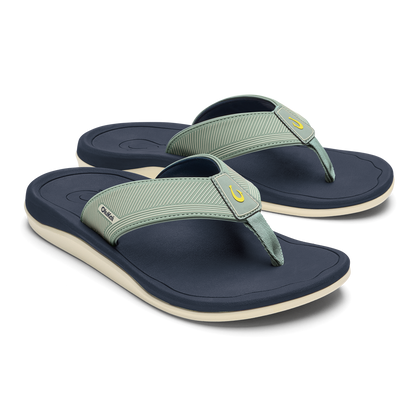 Pair of seagreen and trench blue thong sandals with padded soles and cream-colored stripes on the footbed.