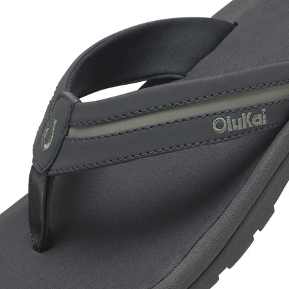 Grey and seagreen thong sandal with contoured footbed and branded strap detail.