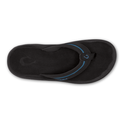 Black flip-flop sandal with slate blue accent stripe and toe post, viewed from above.