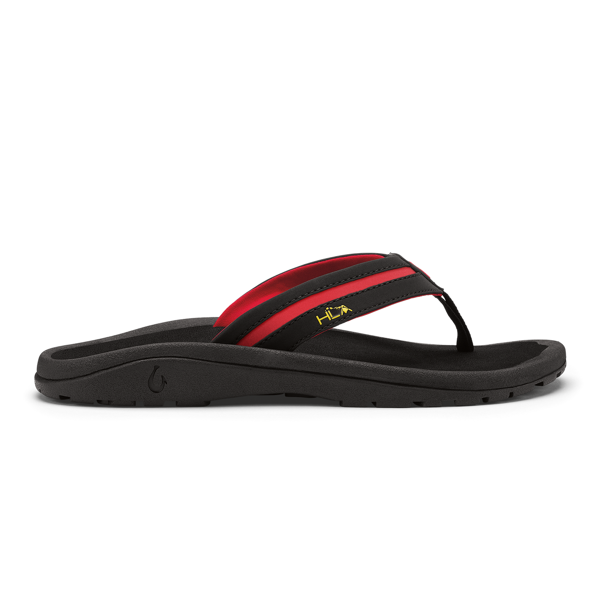 Black flip-flop sandal with red and black striped thong strap and curved black sole.