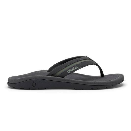 Grey and seagreen thong sandal with contoured footbed and textured sole.