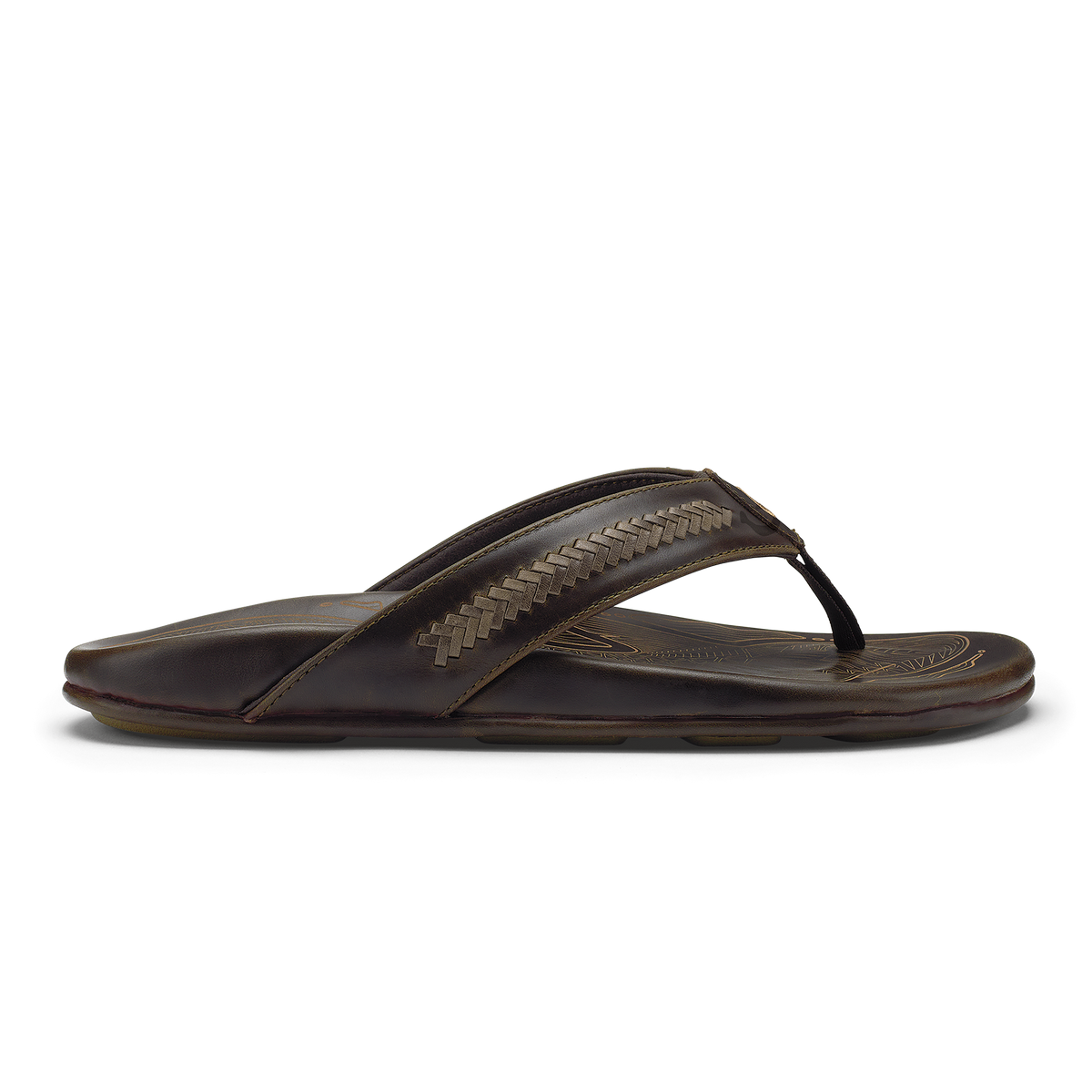 Dark brown leather flip-flop sandal with woven strap detail across the toe and textured sole.