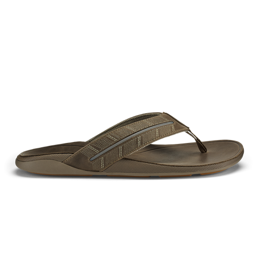 Tan thong sandal with textured fabric upper strap and solid footbed.