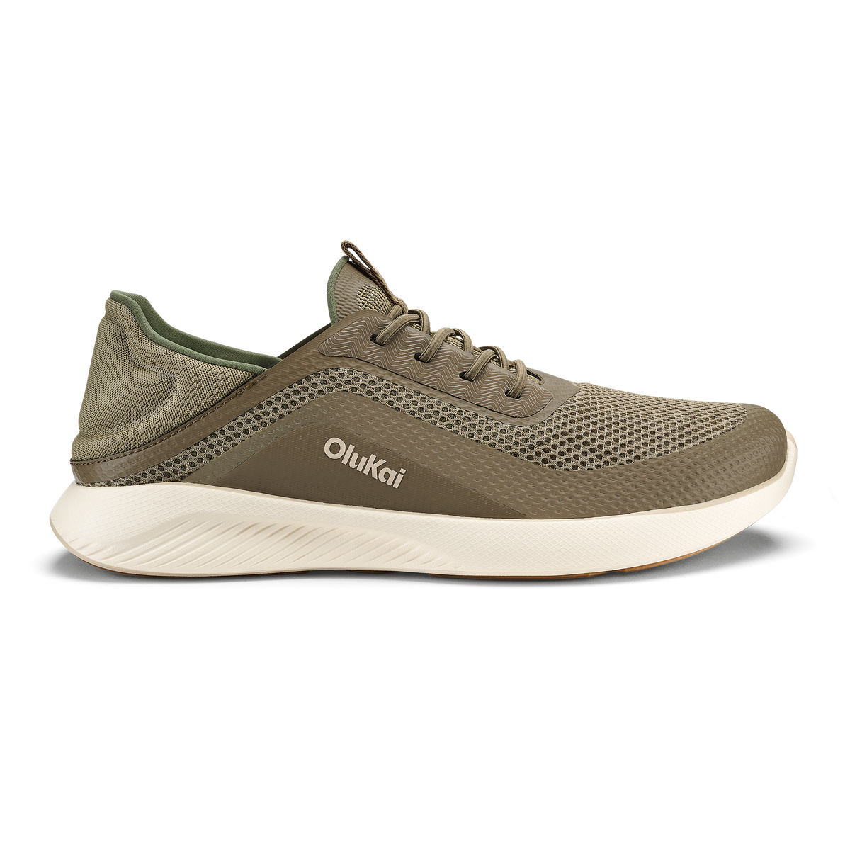 Olive and cream lace-up running shoe with mesh upper and white cushioned sole.