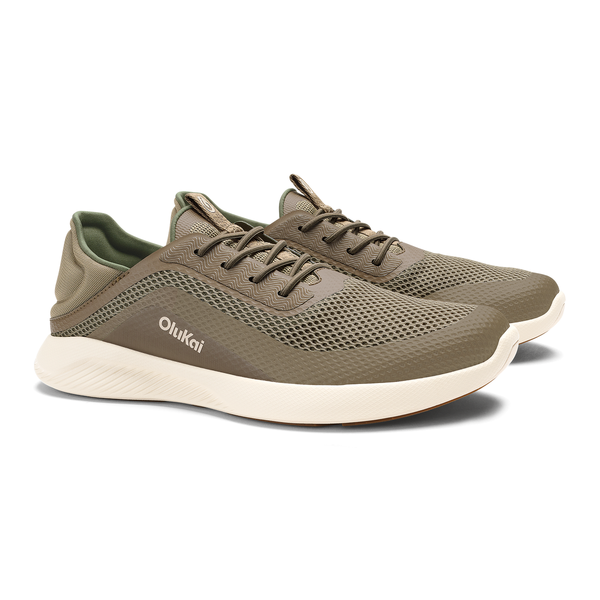 Tan and olive mesh running shoe with white sole and lace-up closure.