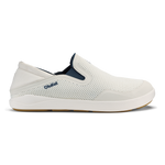 White and navy slip-on shoe with mesh upper and white sole, shown in side profile view.