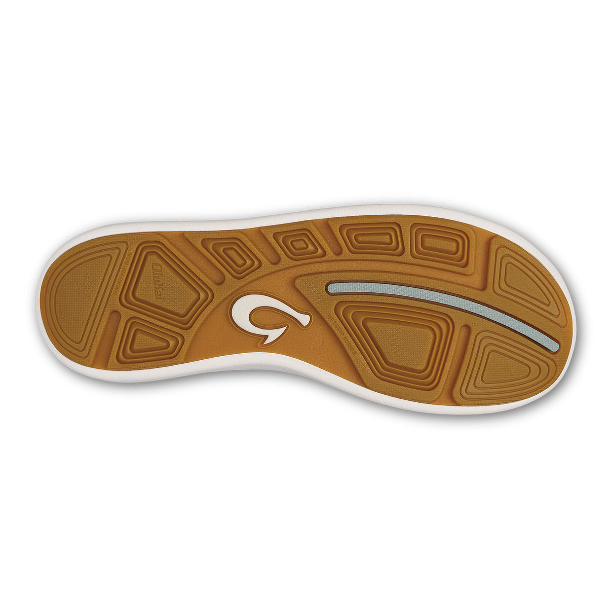 Tan and white sole of slip-on shoe with geometric tread pattern and brand logo.