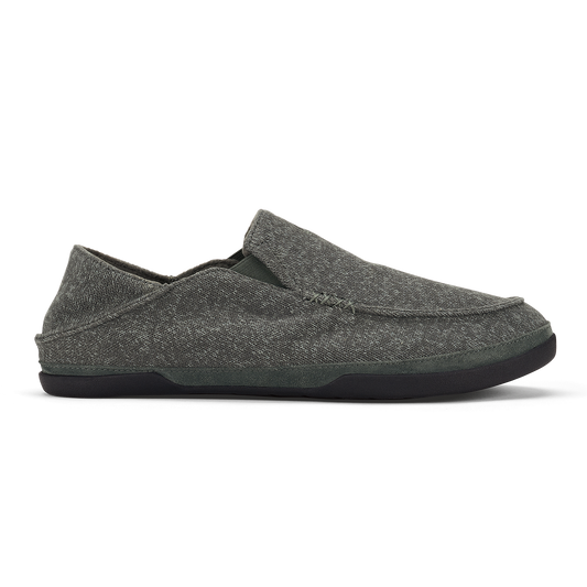 Dark gray textile slip-on loafer with black sole, shown in side profile view.