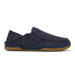 Dark blue heathered slip-on slipper with tan rubber sole and pointed toe design.