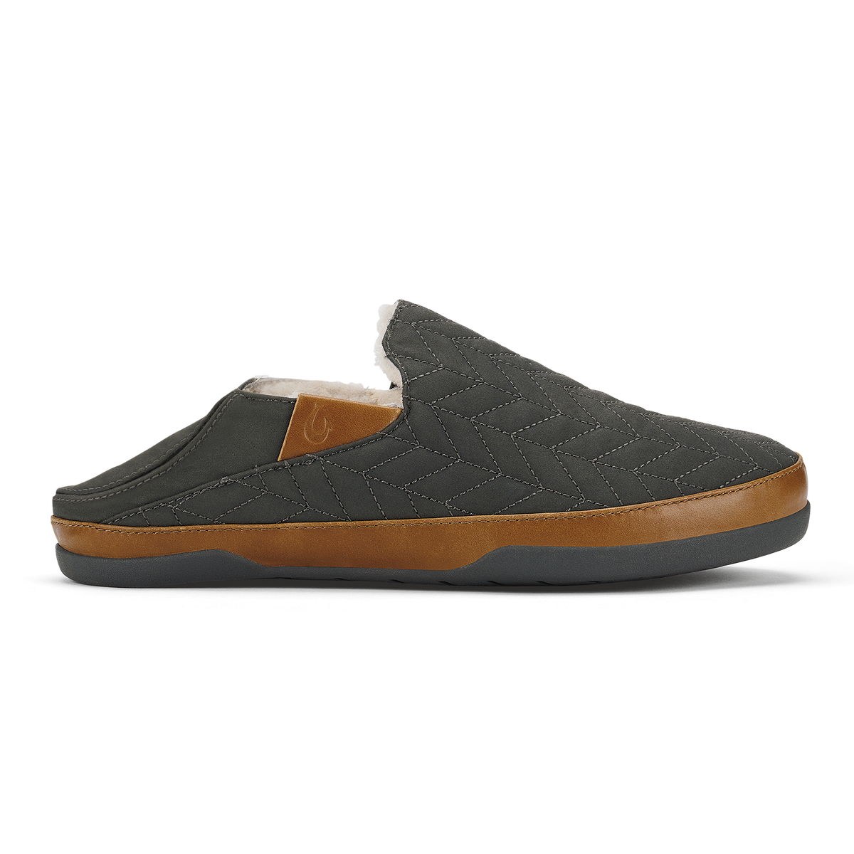 Dark gray quilted slip-on slipper with tan leather trim and fleece lining, shown from the side.