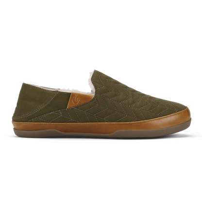 Olive quilted slip-on shoe with tan leather trim and brown rubber sole, shown in profile view.