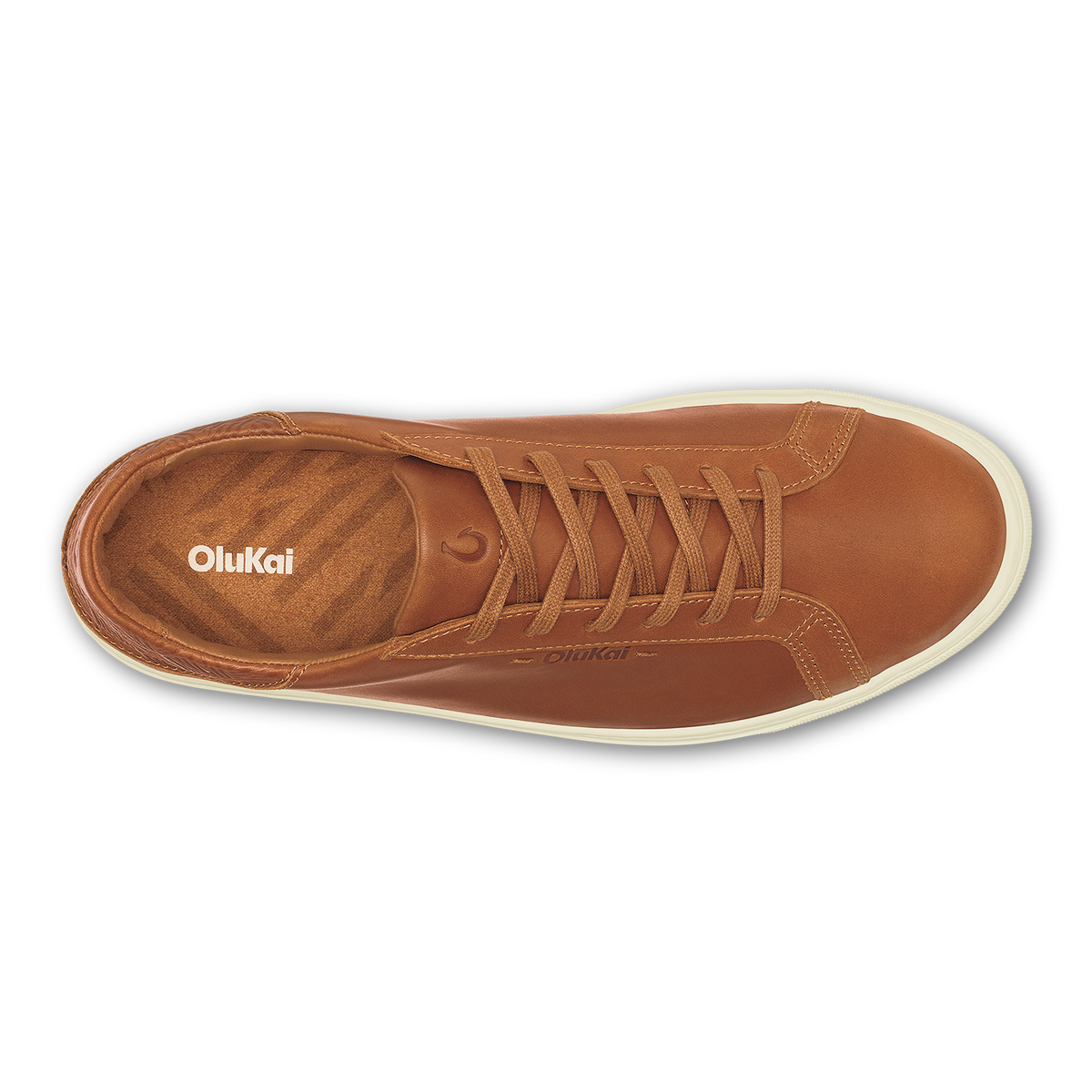 Tan leather lace-up sneaker with cream sole, shown from top view.