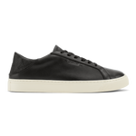 Black leather lace-up sneaker with cream rubber sole and textured heel panel.