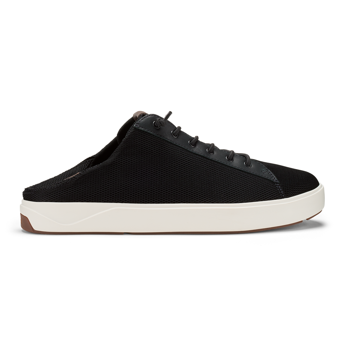 Black mesh slip-on shoe with white rubber sole and brown heel accent.