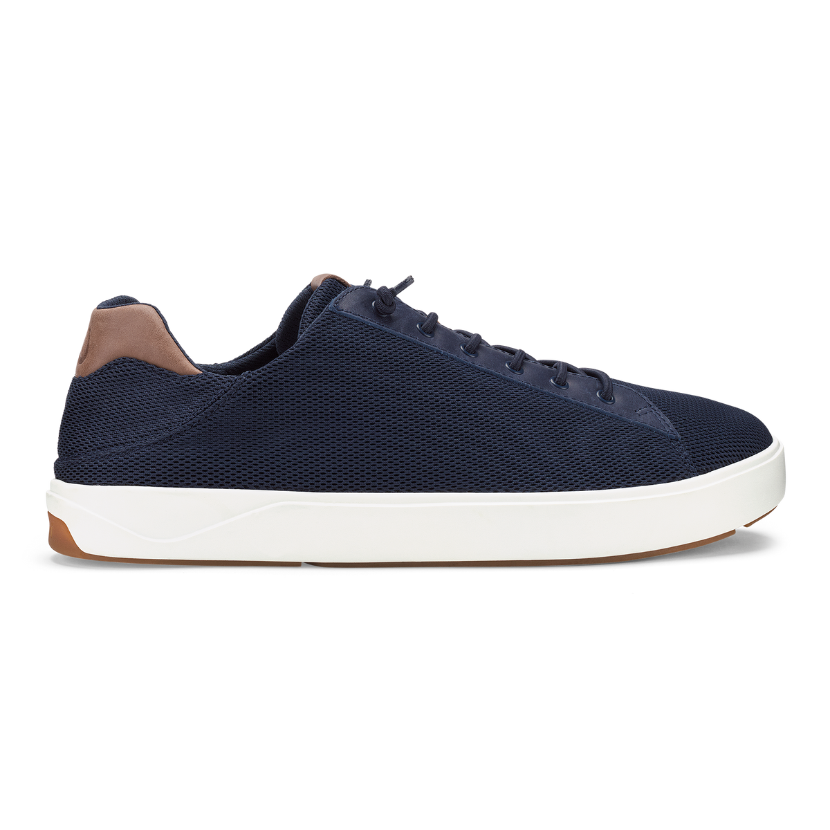 Navy mesh lace-up sneaker with white sole and tan heel detail.