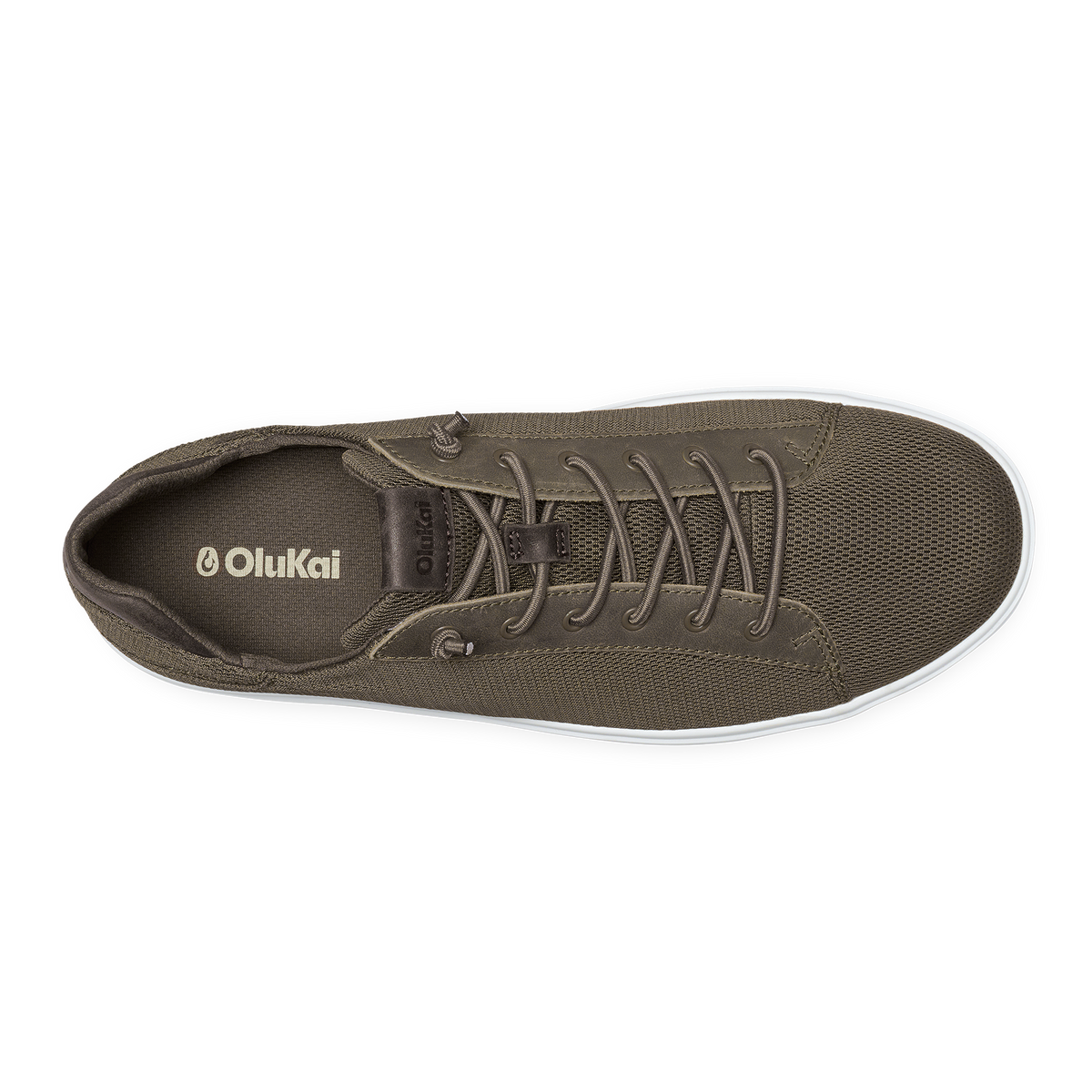 Walnut canvas high-top sneaker with white sole and lace-up closure, shown from above.