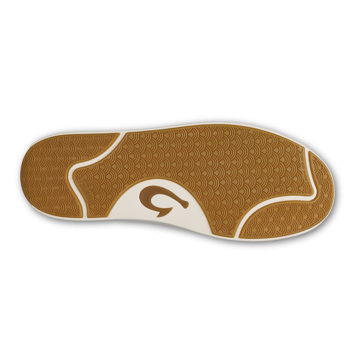 Shoe sole with walnut brown textured pattern, cream center panel, and curved white accent lines.