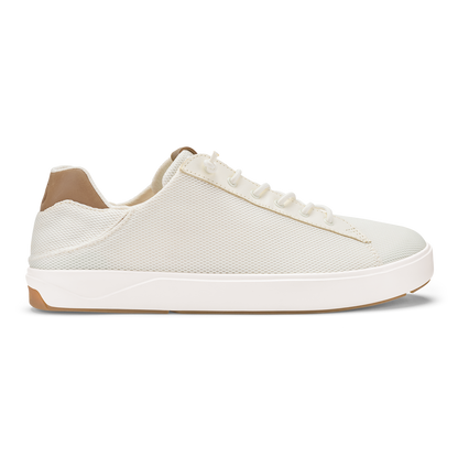 White mesh lace-up sneaker with tan heel counter and white rubber sole, shown in side profile view.