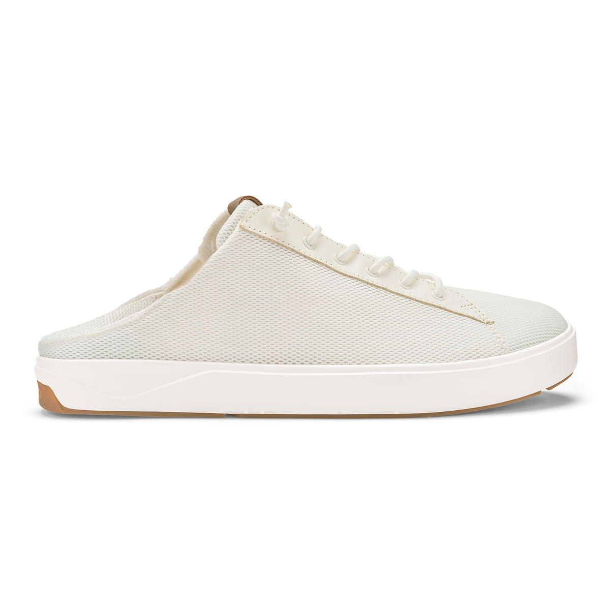White mesh mule with white sole and tan heel, lace-up design visible from the side.
