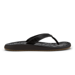 Black flip-flop sandal with woven textured footbed and contrasting stitched thong strap.