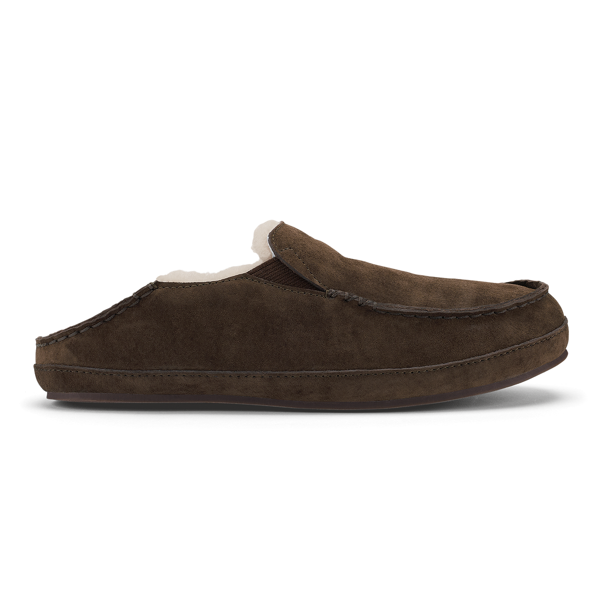 Dark oak suede slipper with fleece lining and stitched sole, shown in side profile.