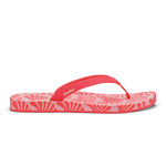 Hot pink flip-flop with shell pattern design and red toe strap.