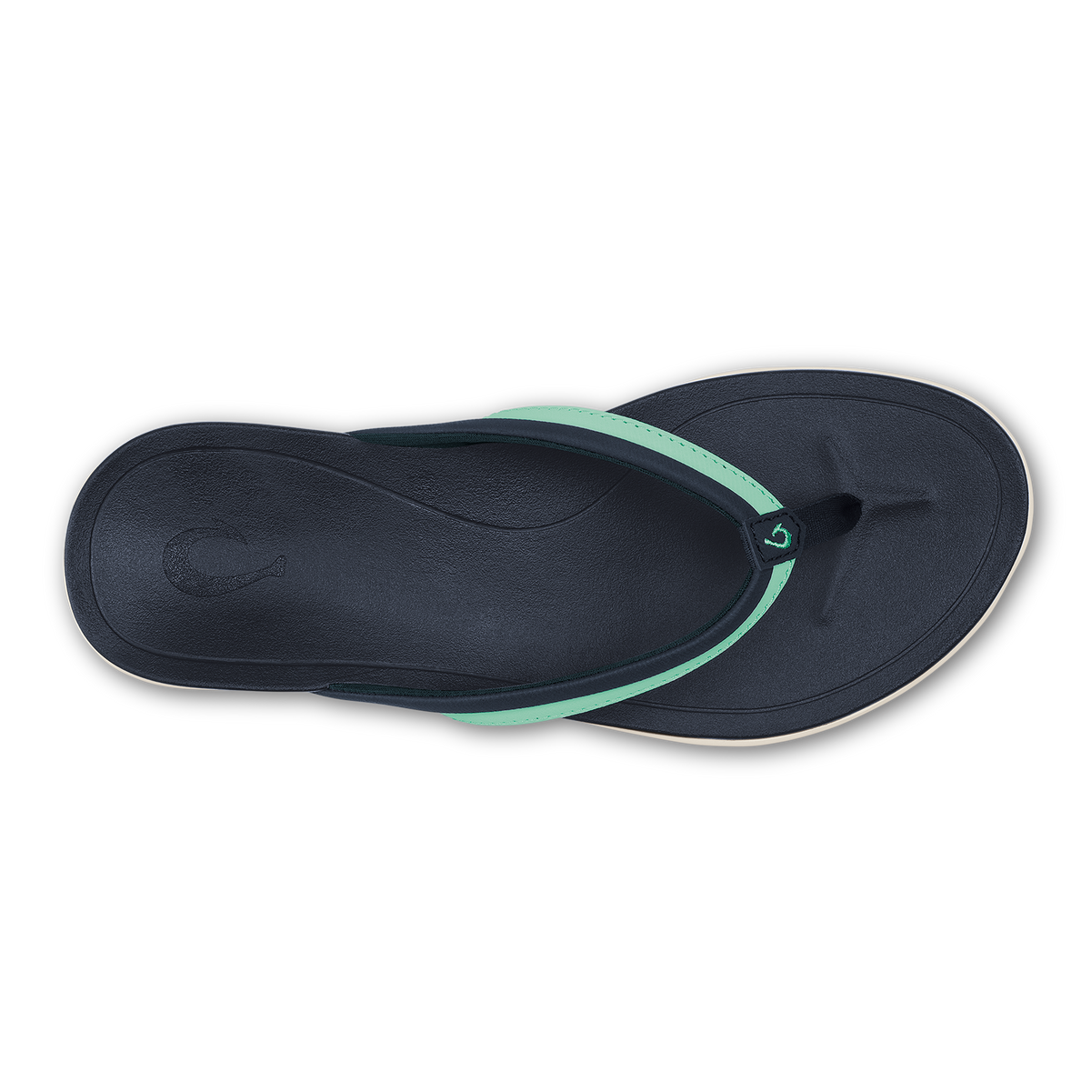 Dark blue flip-flop with mint green accent strap across the top, shown from above.
