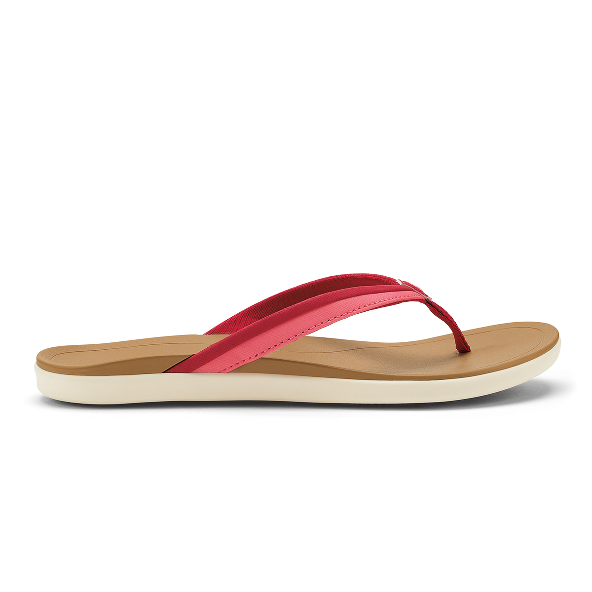 Hot pink and deep red thong sandal with tan footbed and cream sole.