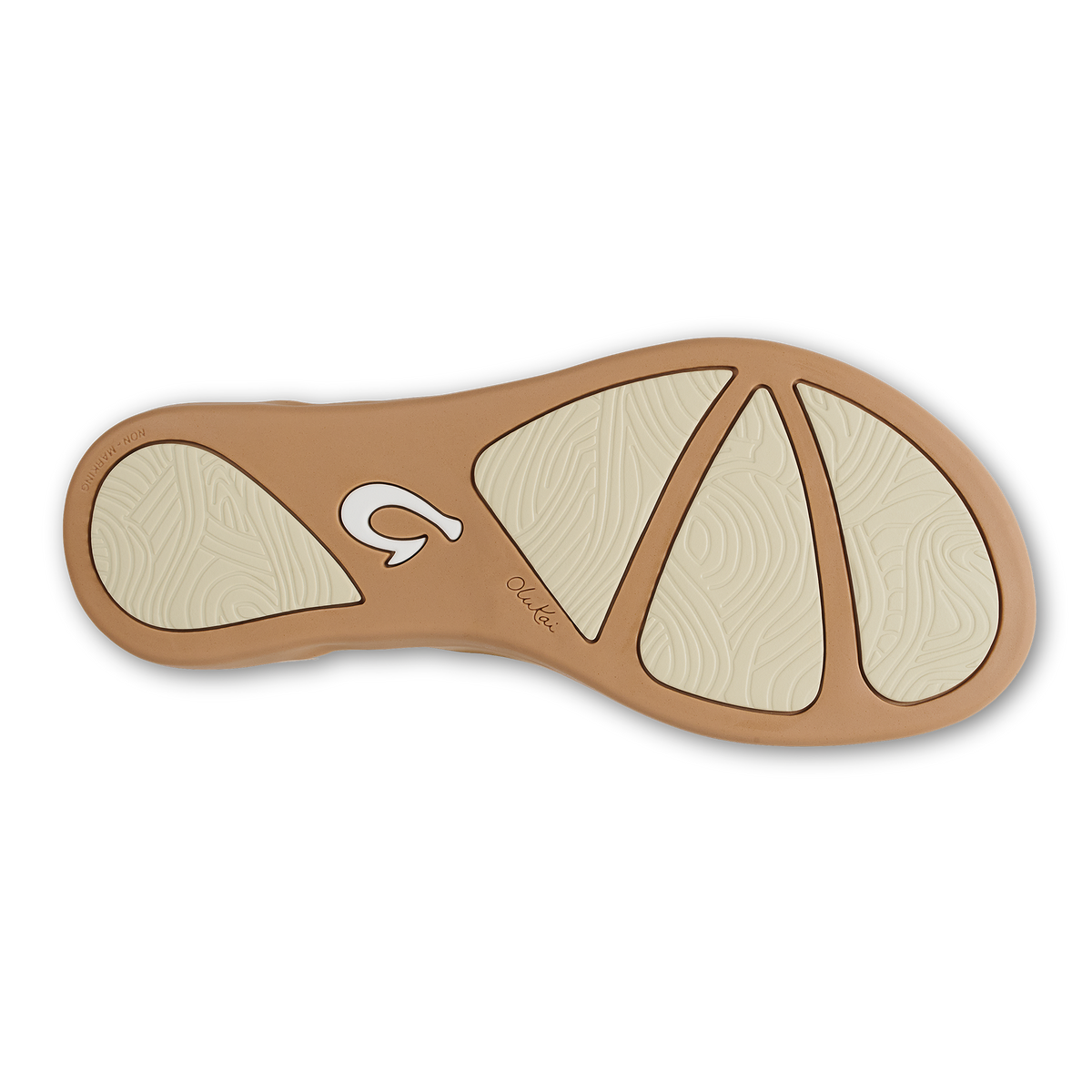 Sandal sole view showing tan rubber outsole with cream-colored textured footbed and traction pattern.