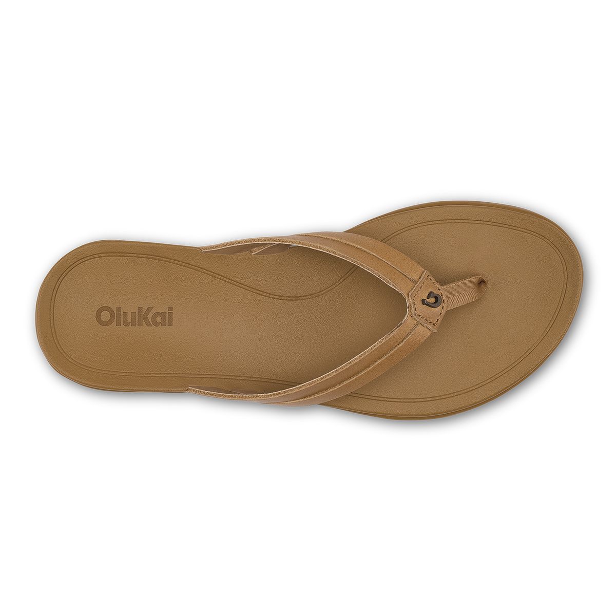 Tan thong sandal with curved footbed and thin strap across the top, viewed from above.