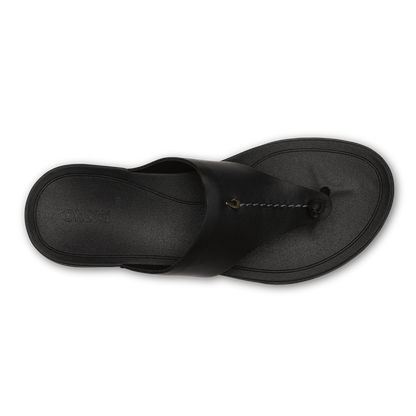 Black thong sandal with curved footbed and chain detail strap across top.