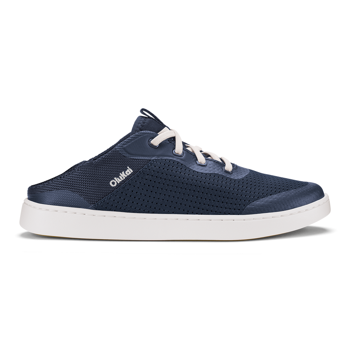 Dark blue perforated slip-on shoe with white laces and white sole.