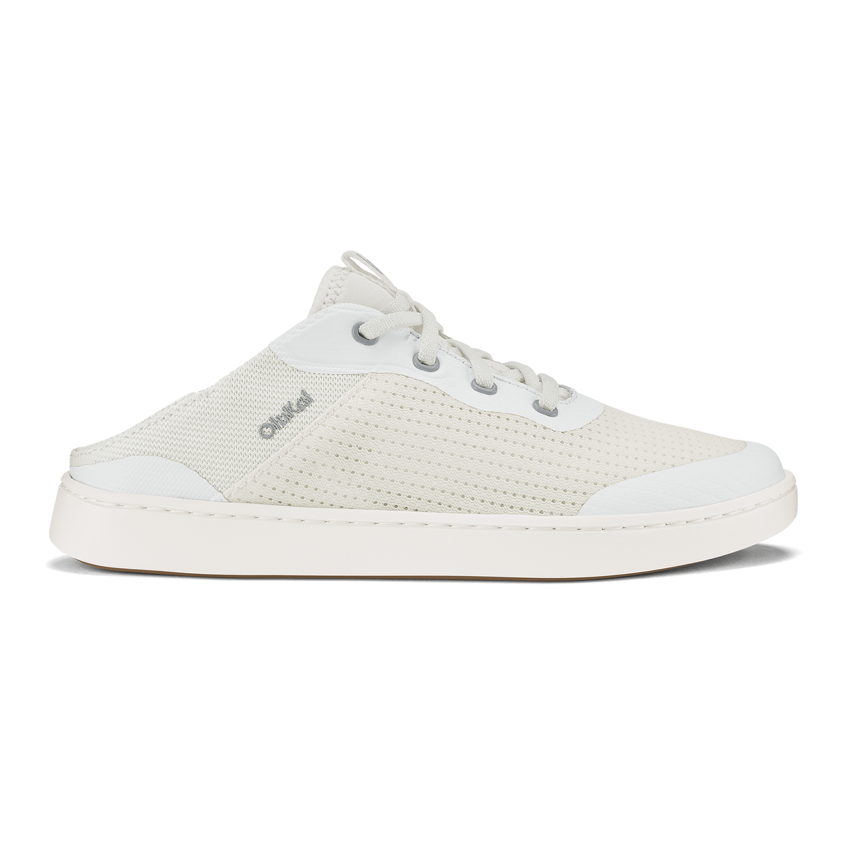 White mesh slip-on sneaker with lace-up closure and white rubber sole.