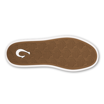 Bright white shoe sole with tan textured tread pattern and white brand logo.