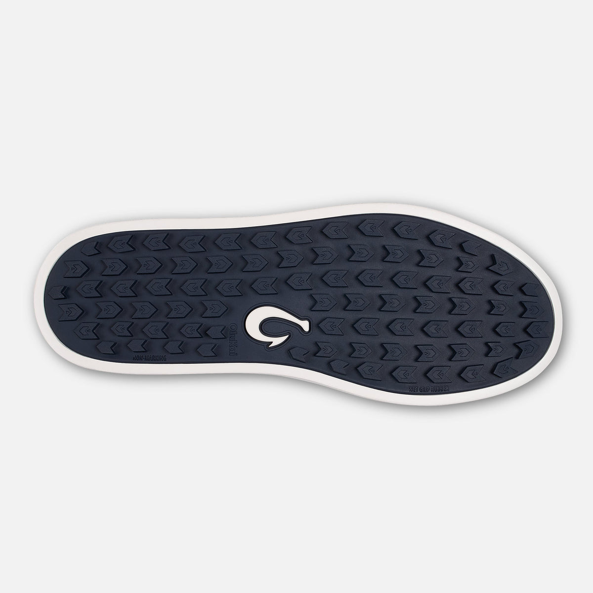 Shoe sole with dark blue tread pattern, white border, and embossed logo in center.