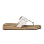 White leather thong sandal with braided detail and tan cork-textured sole.
